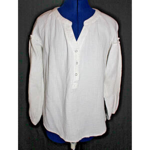 Womens Size L White Crinkle-Textured L/S Top with a Snap Henley Neckline Top